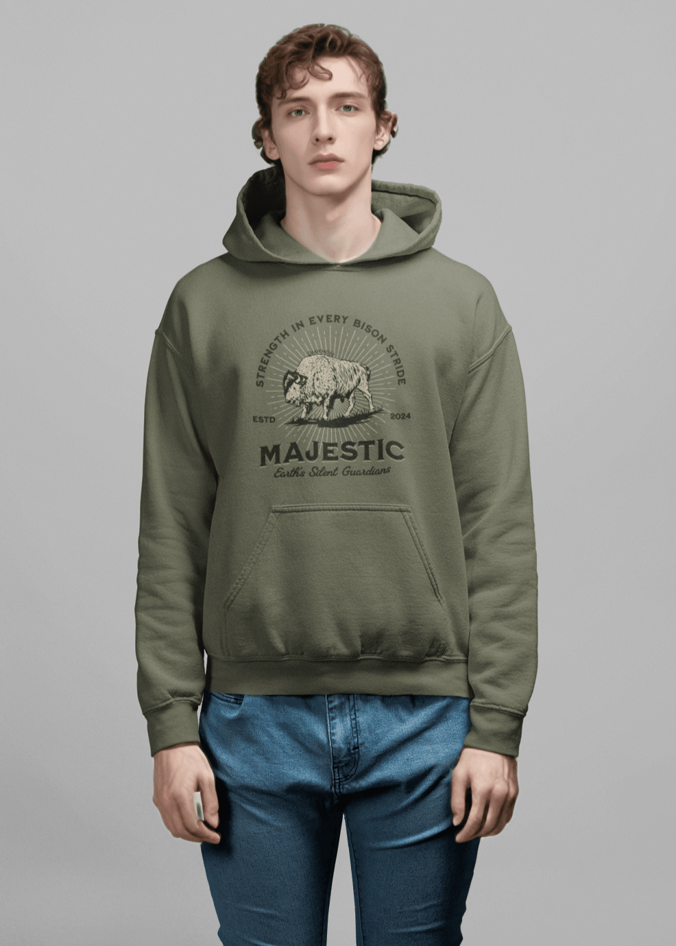 Men Hoodie Bison Military Green Winter