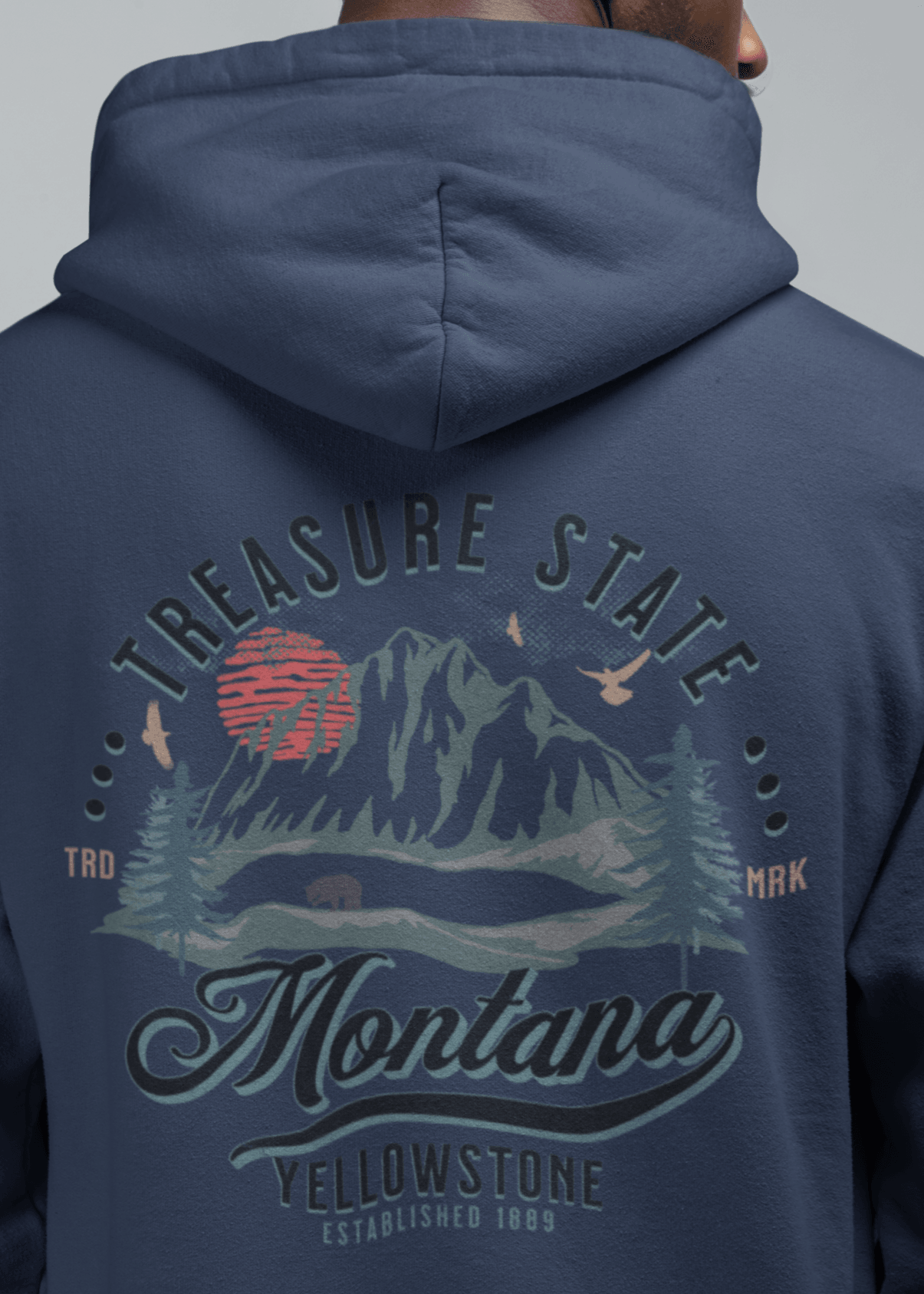 Men Hoodie Yellowstone Montana Navy Graphic Back